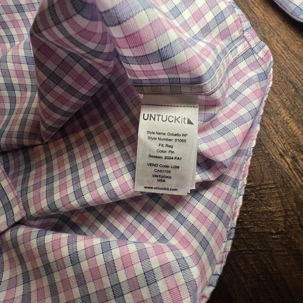 Untuckit Reg Fit Wrinkle Free Mens Large‎ Blue Pink Check Button Up Long Sleeve